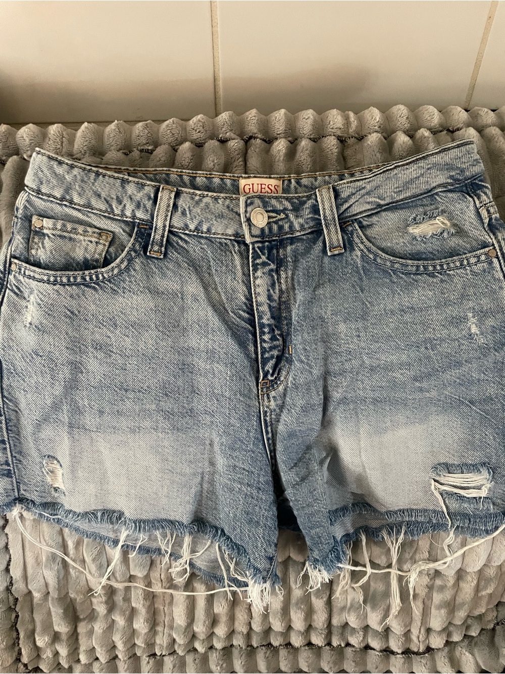 GUESS Washed Light Blue Distressed Denim Shorts